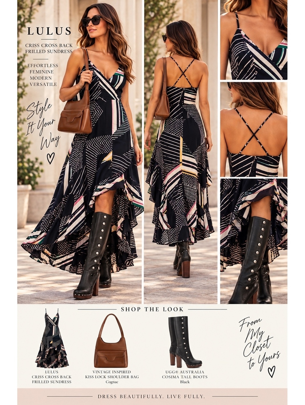 LULUS Criss Cross Back Frilled High Low Maxi Sundress Geometric Print